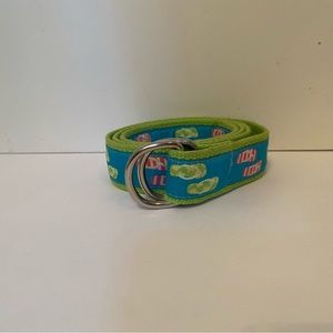 DOUGLAS PAQUETTE BELT GREEN CANVAS WEBBING BLUE FLIP FLOP RIBBON SIZE L USA